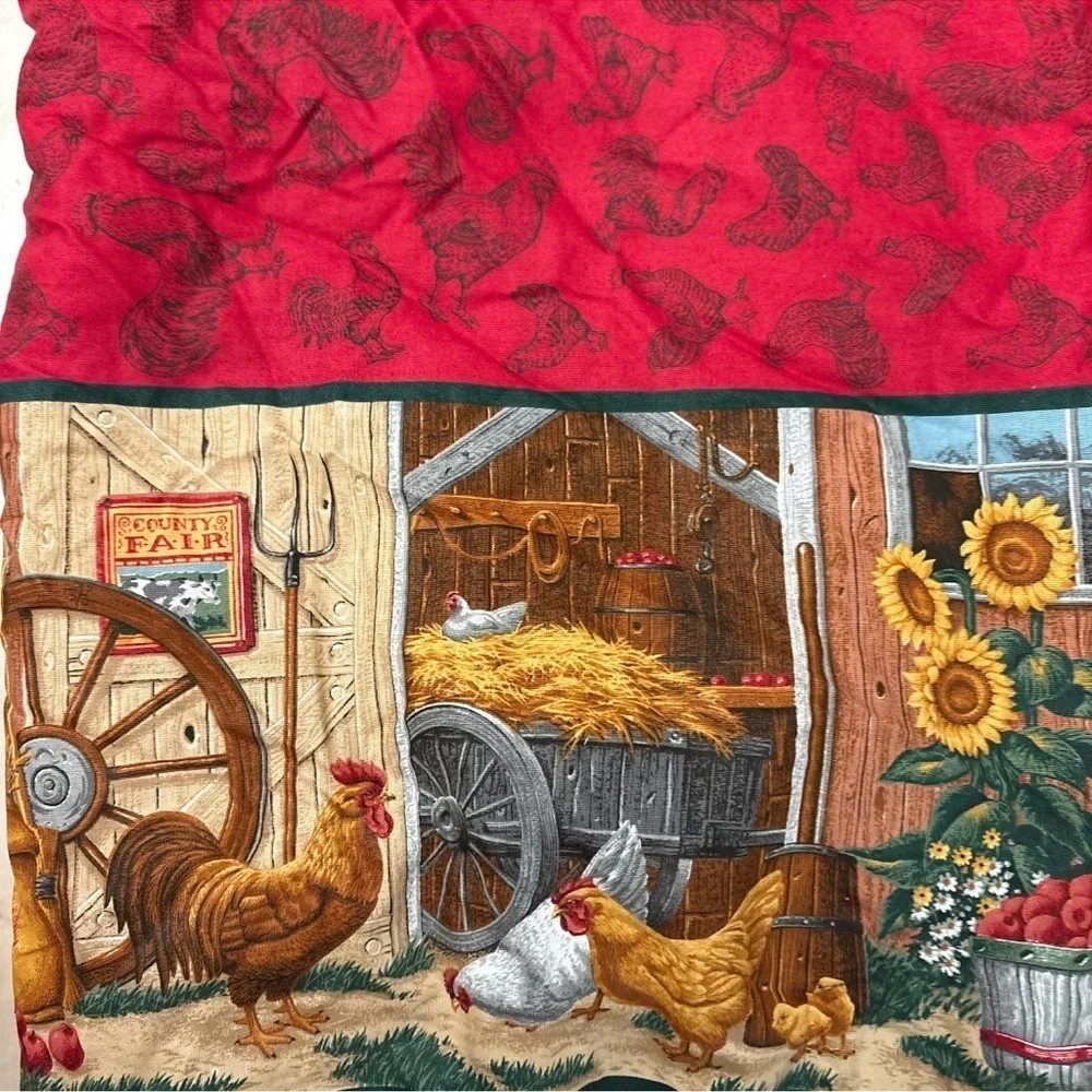 Vintage Farmhouse Kitchen Curtains Rooster & Hen Barnyard Scene 52x21” Pair